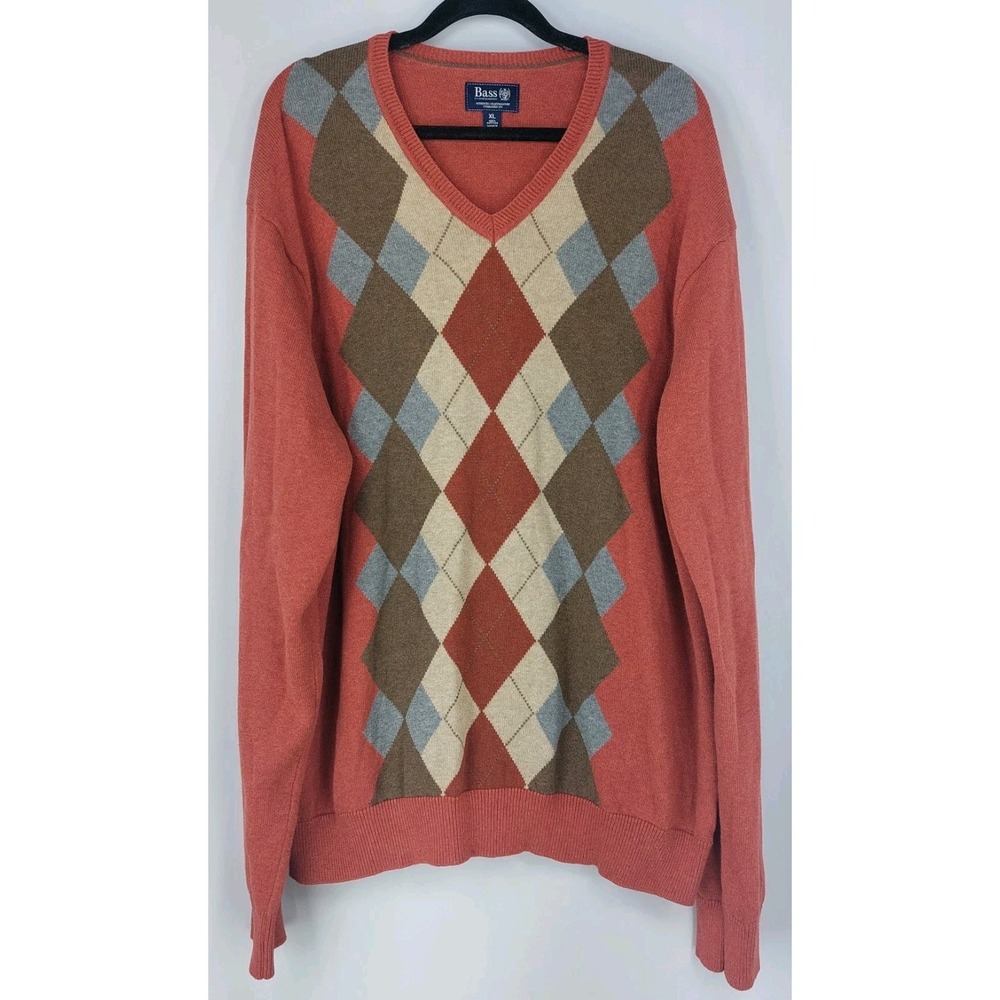 Bass & Co. Argyle Sweater Mens Size XL 100% Cotton Rust‎ Brown Blue Diamond